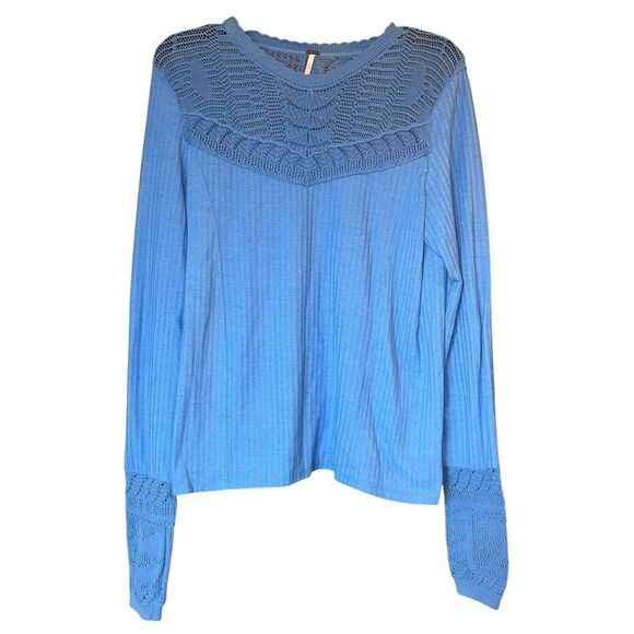 Free People M Colette Pointelle Crochet Sleeve Knit Pullover Top - Picture 2 of 6